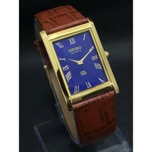 Vintage Style Seiko Quartz Mens Gold Watch & Blue accents W/ Leather Strap